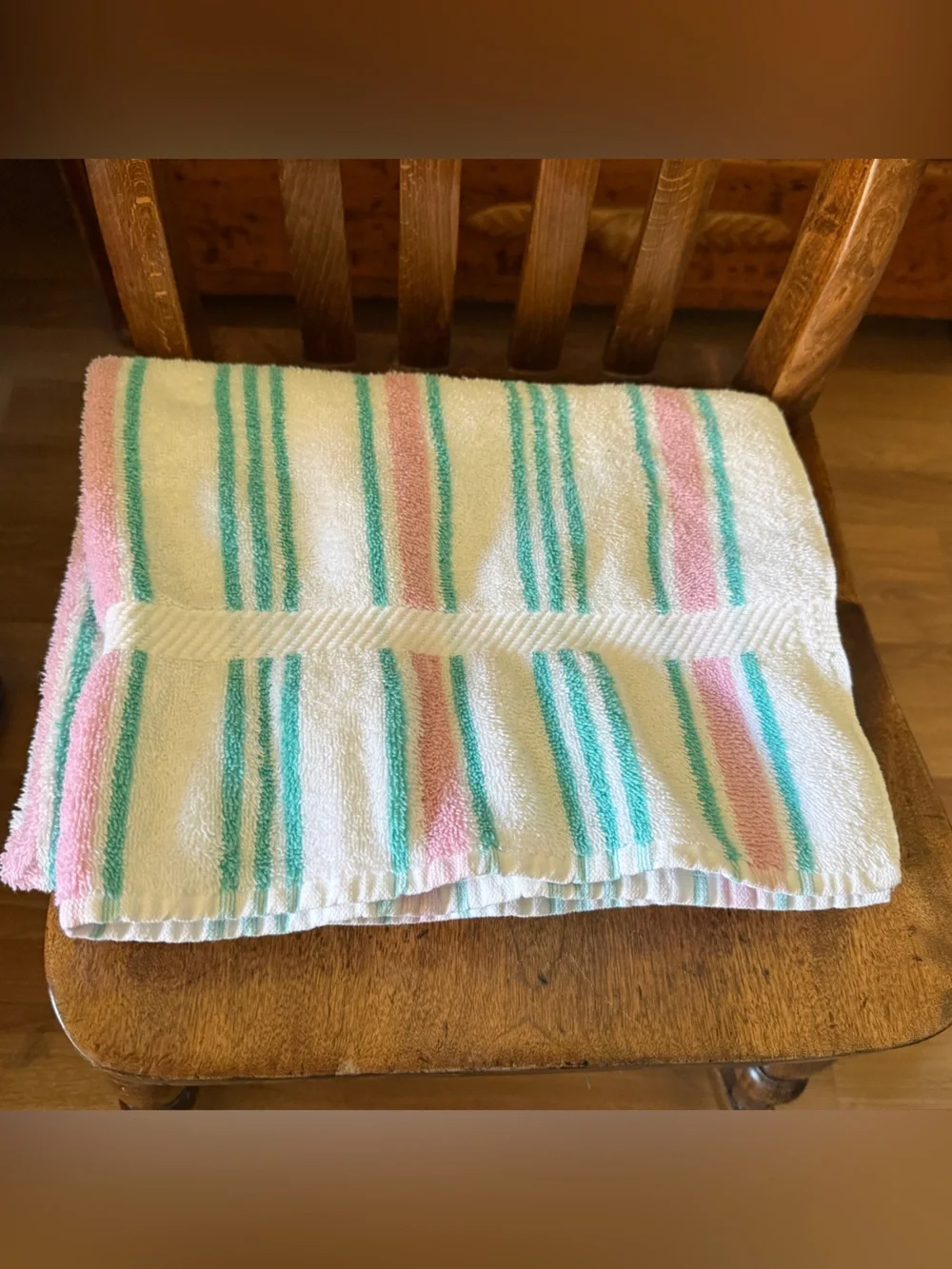 Vintage Pastel Pink and Teal Striped Bath Towel 24x42